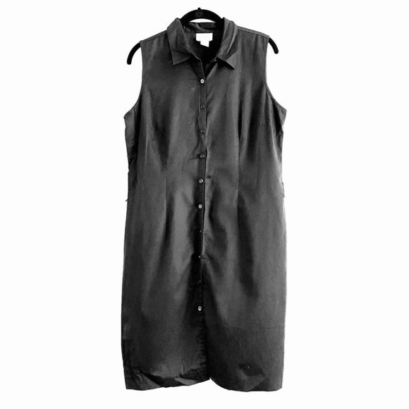 Ann Taylor Loft Dress 14P Petite Button Down Sleeveless Black Tunic Belt Loops - Picture 1 of 8